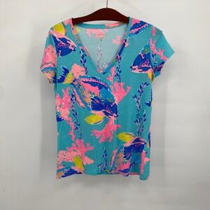 Lilly Pulitzer Womens Size M V Neck Tee‎ Aqua Coral Fish Print Cotton Spandex